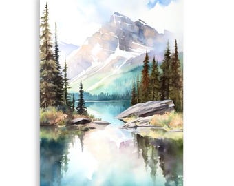 バンフの絵画 カナダ 水彩画 アートプリント 山 湖 風景 ティール
