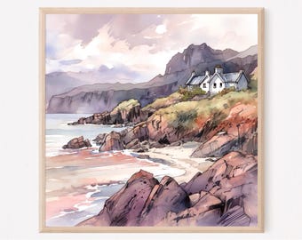 Stampa ad acquerello della costa scozzese, arte dei cottage dell'isola di Skye, decorazione da parete quadrata con paesaggio delle Highlands scozzesi