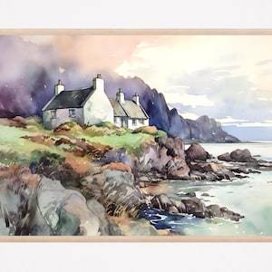 Scotland Coast Painting Art Print Cottage Watercolor Isle of Skye Landscape Scottish Highlands Wall Art Home Decor Gift