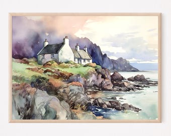 Stampa artistica di pittura costiera scozzese, cottage, acquerello, paesaggio dell'isola di Skye, arte murale delle Highlands scozzesi, arredamento per la casa, regalo