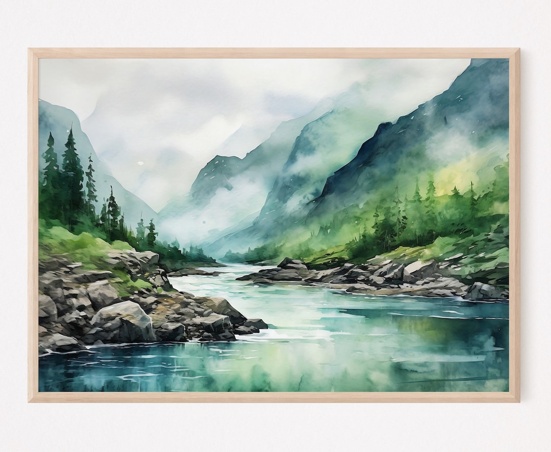 Mountain River Painting Misty Forest Landscape Wall Art Pine Tree ...