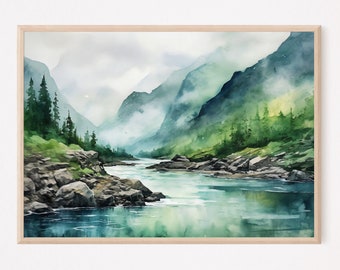 Mountain River Painting Misty Forest Landscape Wall Art Pine Tree Watercolor Painting Blue Green Art Print Mountain Poster