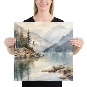 Mountain Lake Print, Neutral Landscape, Realistic Watercolor, Square Wall Art, Landscape Large Poster, Home Decor Gift