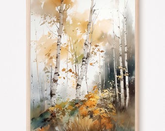 Birch woods art print, Fall birch trees artwork, Watercolor birch tree painting, Landscape wall art, Housewarming Gift