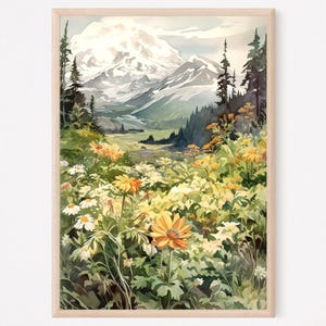 Denali National Park, Denali Travel Painting Art Print, Alaska Watercolor, Travel Poster, Denali Mountain Flowers Print, USA National Park