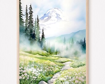 Misty Mountains and Trees Watercolor Painting Art Print, Mount Rainier National Park Poster, Mountain Landscape, Home Decor Gift
