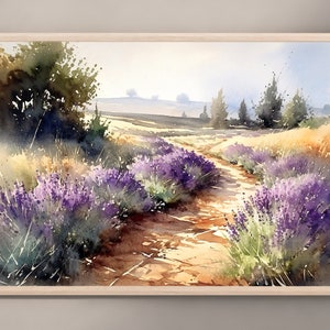 May include: A watercolour painting depicting a lavender field with a dirt path winding through it. The path is bordered by rows of purple lavender flowers and green foliage. In the distance, there are trees and a blue sky.