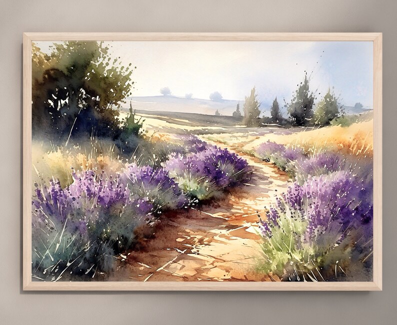 May include: A watercolour painting depicting a lavender field with a dirt path winding through it. The path is bordered by rows of purple lavender flowers and green foliage. In the distance, there are trees and a blue sky.