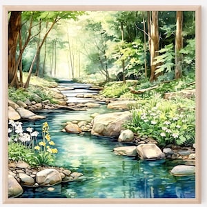 Waldfluss-Wandkunst, Waldfluss-Aquarellkunst, Naturdruck, grünes Waldgemälde-Poster, Landschaftsdruck-Wandkunst, Wohnzimmerdekoration