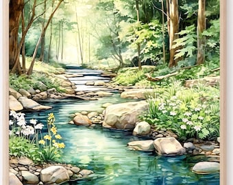 Forest River Wall Art, Forest River Watercolor Art, Nature Print, Green Forest Painting Poster, Landscape Print Wall Art, Living Room Decor