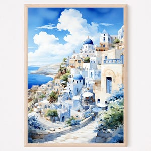 Art de Santorin, Impression d&#39;art aquarelle de Santorin, Décoration murale de Santorin, Affiche de Grèce, Cadeau de voyage, Décoration d&#39;intérieur