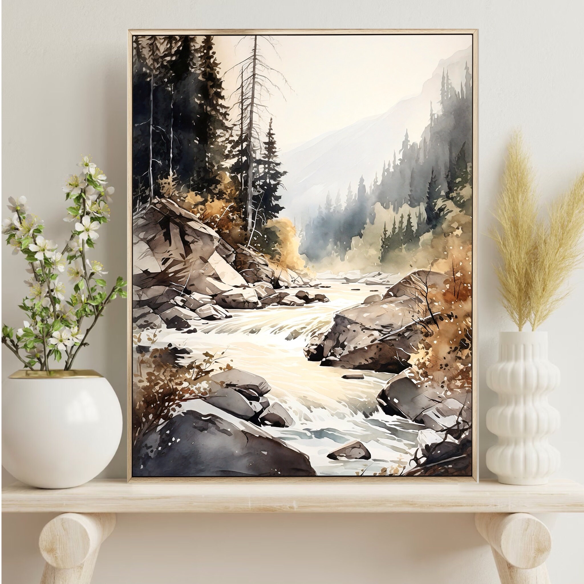 山川の水彩風景の秋の壁アートプリント、ホームデコレーションギフト