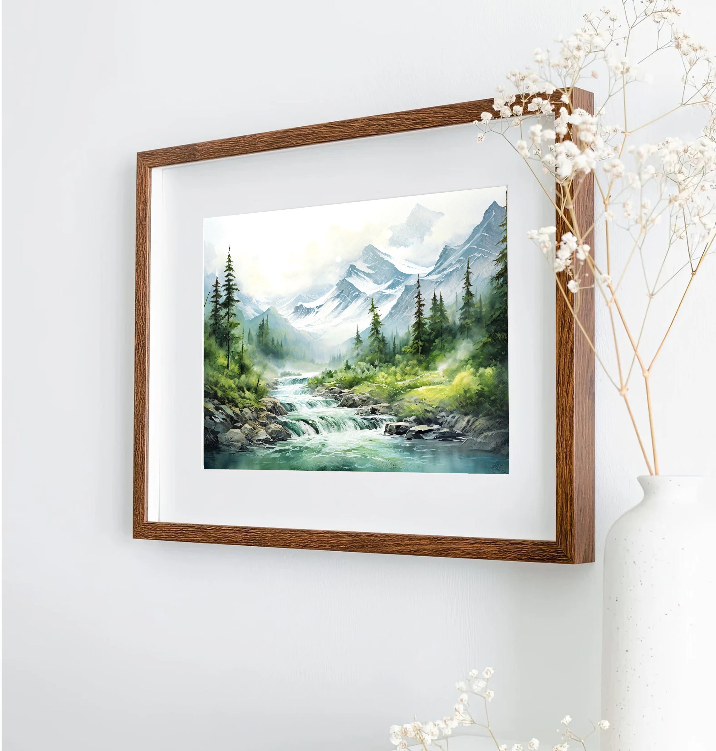Mountain River Painting Misty Forest Landscape Wall Art Pine Tree ...