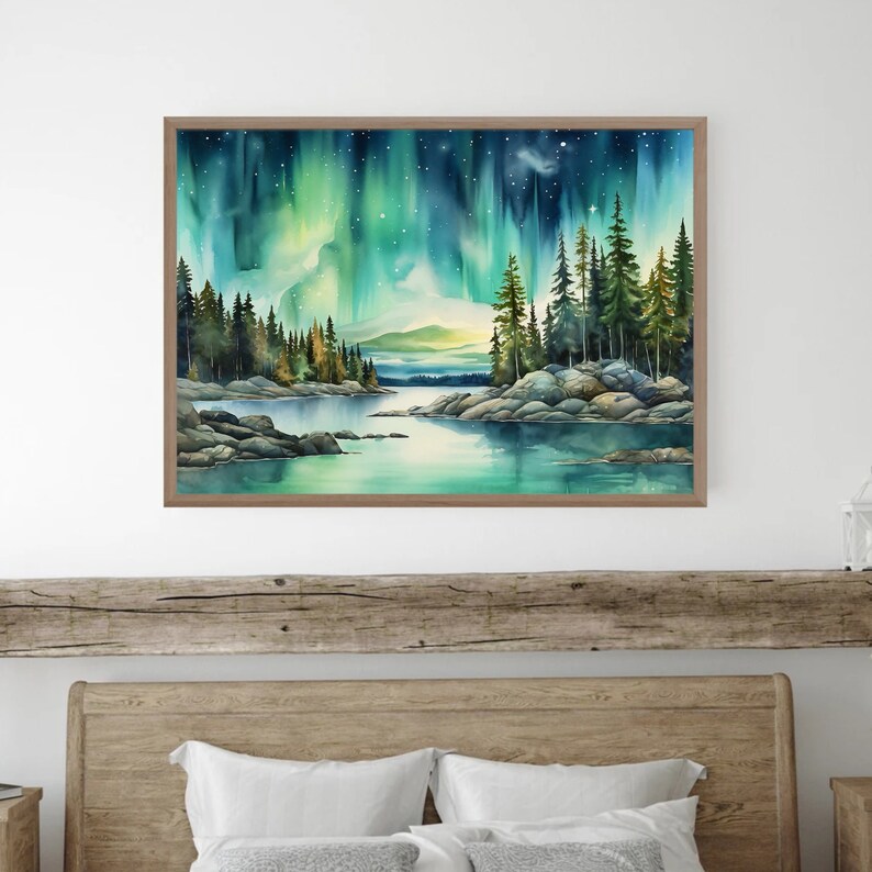 May include: A watercolour painting of a lake surrounded by trees and rocks with a vibrant green and blue aurora borealis in the sky.