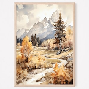 Grand Teton Druck, Berglandschaft, Aquarell Wandkunst, Bergwanddekor, Grand Tetons Kunst, Bauernhausdekor, Nationalpark Druck. GT