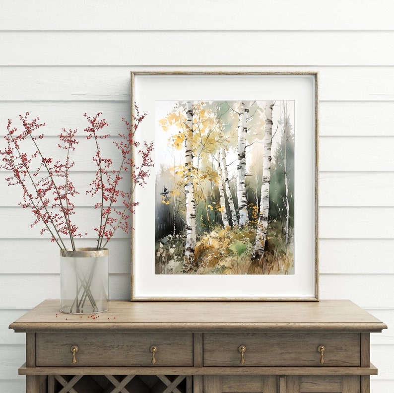 Birch Woods Art Print, Watercolor Birch Tree Painting, Fall Birch Trees ...