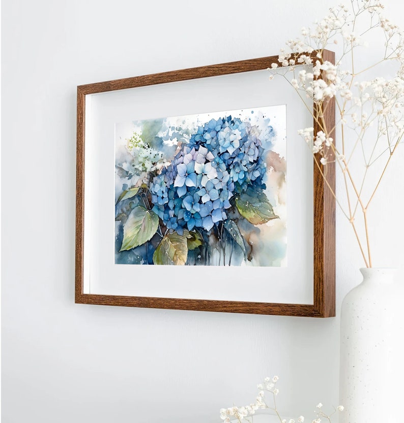 Hydrangea Watercolor Art Print – Blue Floral Wall Art, Botanical Flower ...