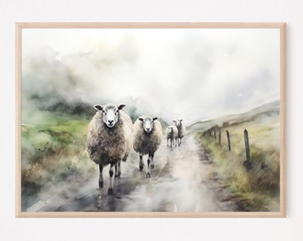 May include: A watercolor painting of a group of sheep walking down a foggy road. The sheep are white with brown markings and are walking in a line. The road is dirt and the background is a misty green field.
