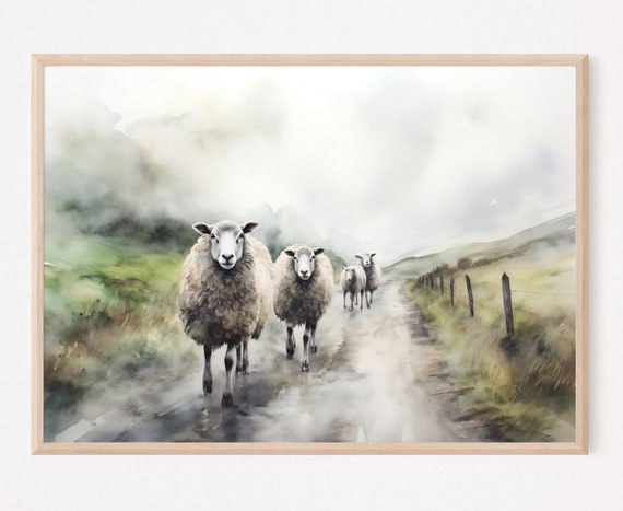 Irish Sheep Painting Ireland Landscape Wall Art Rustic Road Watercolor Print Irish Countryside Painting Scenery Wall Art Landscape Print
