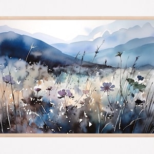 Blue trip in a meadow print watercolor landscape wildflowers painting highlands artwork nature wall art  minimalist home decor gift