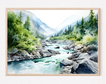 Paesaggio ad acquerello di un fiume di montagna con pini, stampa artistica blu e verde, dipinto di una foresta di pini, decorazione murale minimalista