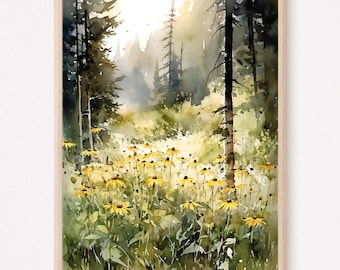 Forest Glade Watercolor Art Print, Sunlit Wildflowers in a Tranquil Nature Scene, Green and Yellow Colors Artwork, Home Decor Gift