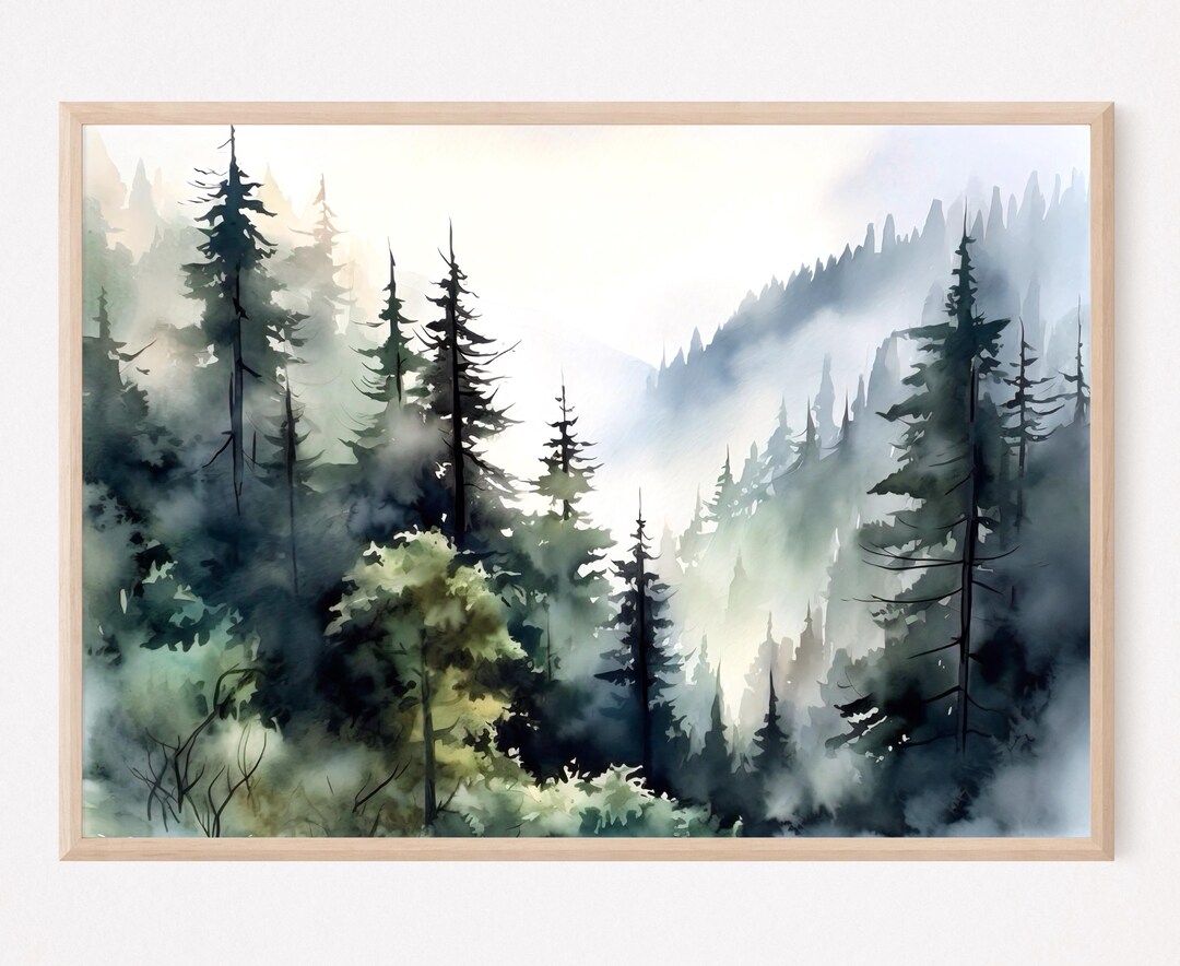 Foggy Pine Forest Watercolor Painting Art Print. - Etsy