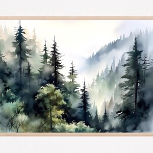 Foggy pine forest watercolor painting art print.