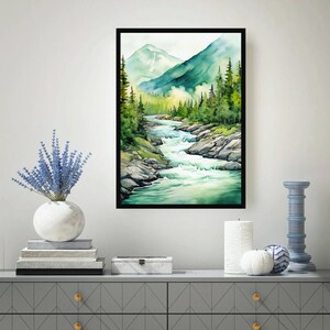 Mountain River Painting Misty Forest Landscape Wall Art Pine Tree ...