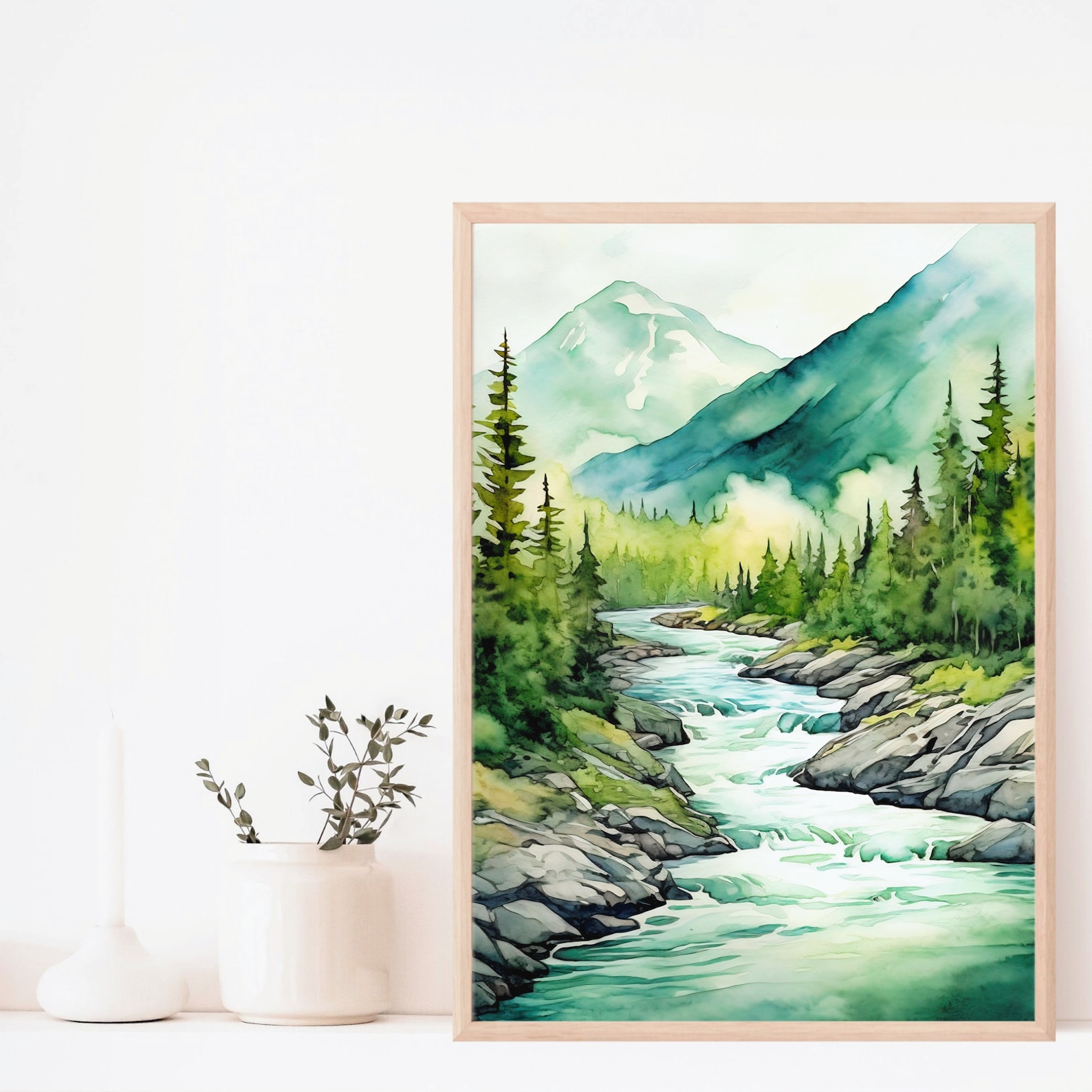 Mountain River Painting Misty Forest Landscape Wall Art Pine Tree ...