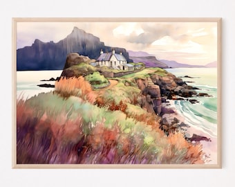 Stampa artistica della costa scozzese, cottage ad acquerello, paesaggio dell'isola di Skye, Highlands scozzesi, decorazione murale per la casa, regalo