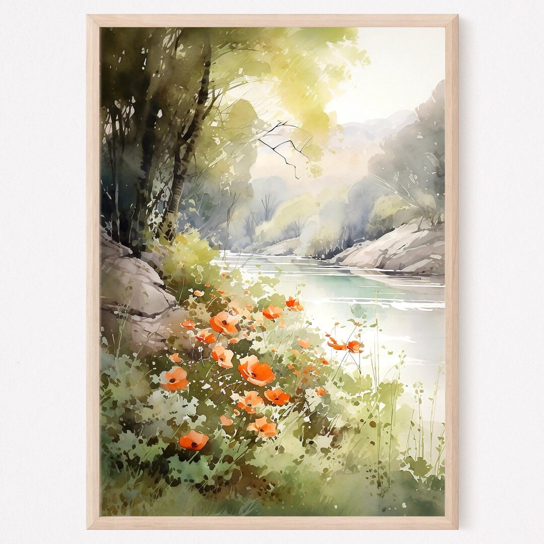 Rustic Poppy River Watercolor Art – Country Summer Landscape Print for ...