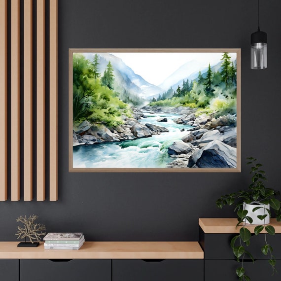 山川の水彩風景、松の木の壁アート、青緑のアートプリント、松林の絵画