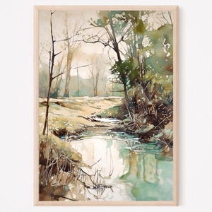 Forest River Watercolor Painting Art Print, Rustic Nature Poster, Home Decor Gift