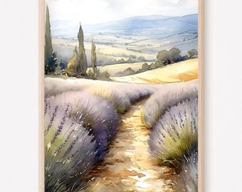Lavender Field French Country Art Print, Rustic Farmhouse Art, Landscape Art, Home Decor Gift