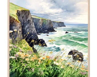 Impresión de acuarela de los Acantilados de Moher: arte mural con paisaje irlandés moderno, regalo de decoración para viajar a Irlanda