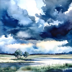 Watercolor landscape with dark stormy clouds painting square art print, Home decor gift