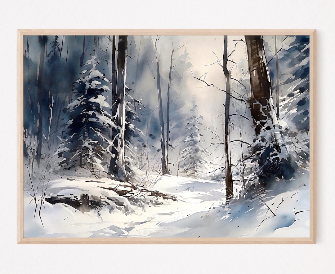 Winter Forest Watercolor Art Print, Snowy Landscape Wall Decor, Nature ...