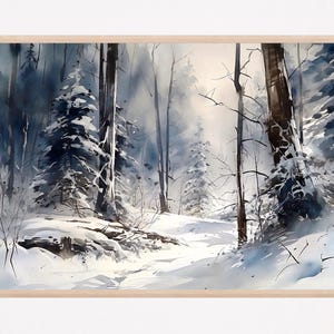 Impresión artística de acuarela de bosque invernal, arte mural de bosque nevado, regalo de decoración del hogar