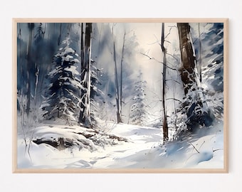 Winter Forest Watercolor Painting Art Print, Snowy Forest Wall Art, Home Decor Gift