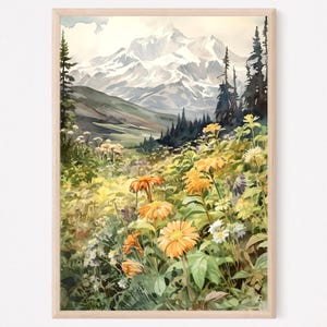 Denali National Park, Denali Travel Painting Art Print, Alaska Watercolor, Travel Poster, Denali Mountain Flowers Print, USA National Park