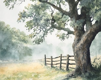 Oak Tree Field Road Painting Square Old Oak Tree Watercolor Landscape Art Print Countryside Artwork Farmhouse Kitchen Wall Decor Gift Art