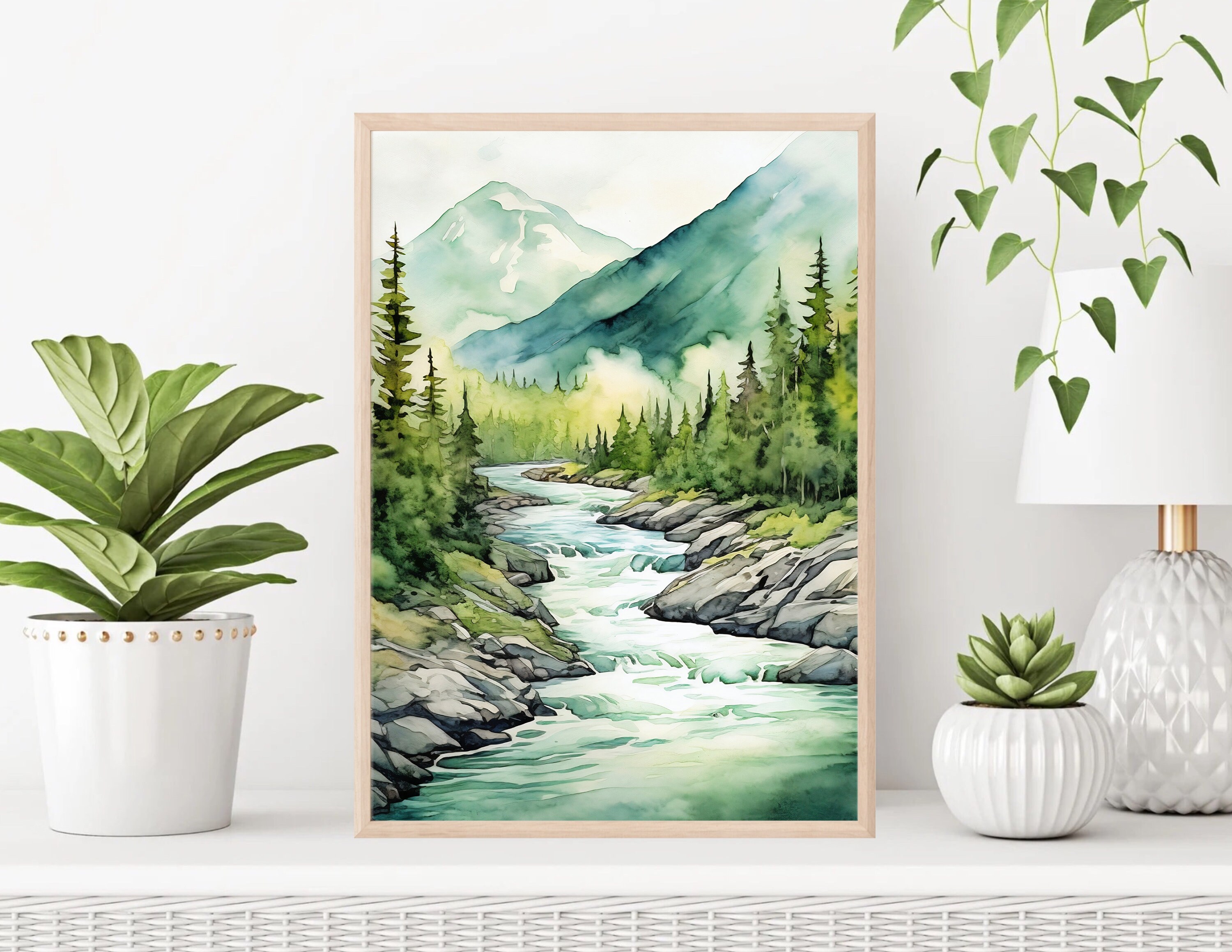 Mountain River Painting Misty Forest Landscape Wall Art Pine Tree ...
