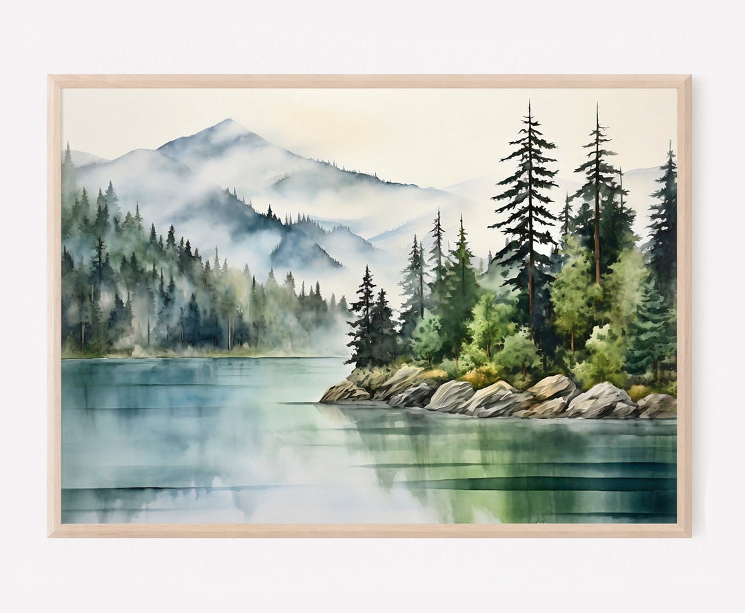 Mountain Lake Landscape Watercolor Painting Pine Tree Wall Art Neutral ...