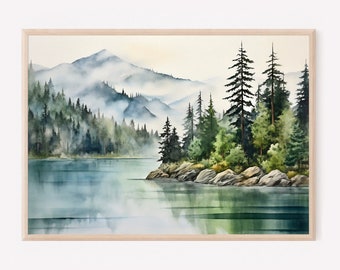Mountain lake landscape watercolor painting pine tree wall art neutral landscape green blue art print home decor gift