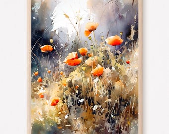 Meadow flowers poppy field art print, Botanical home decor, Poppy floral wall art, Poppies watercolor painting print
