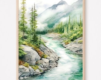 Pintura de acuarela de paisaje de montaña, río y montaña, arte de pared de pino, paisaje neutro, impresión artística verde y azul