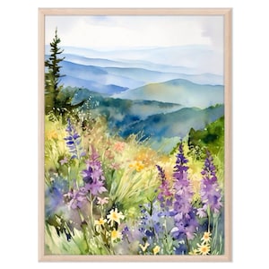 Blue Ridge Mountains Watercolor Print - North Carolina Landscape Art with Wildflowers - Appalachian Highlands Home Decor