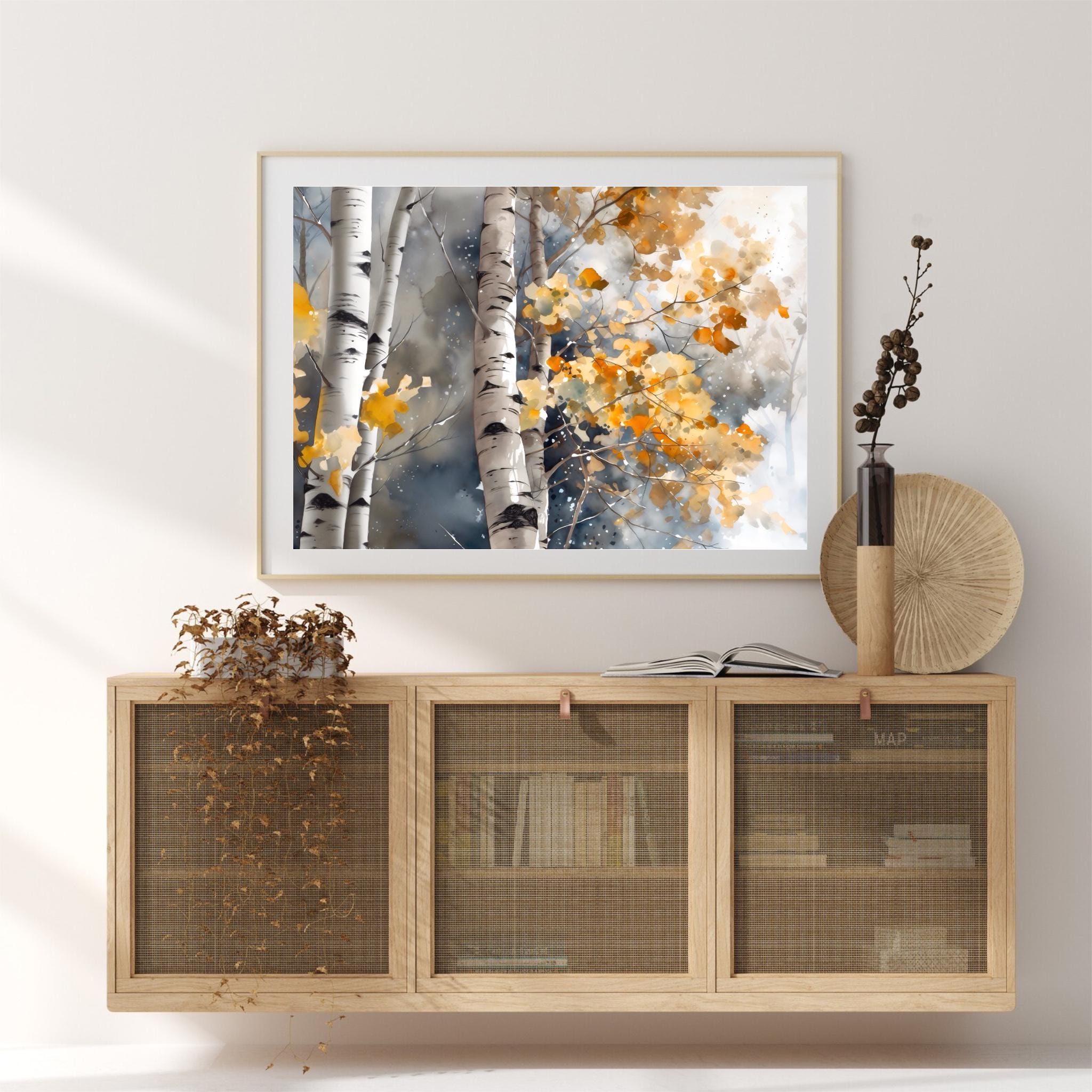 Autumn Birch Trees Art Print, Tree Watercolor Painting, Landscape ...