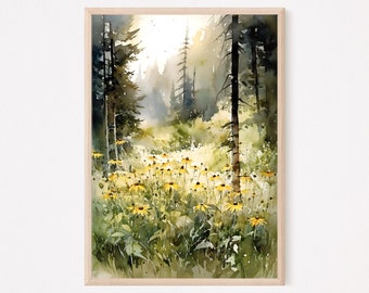 Forest Glade Watercolor Art Print, Sunlit Wildflowers in a Tranquil Nature Scene, Green and Yellow Colors Artwork, Home Decor Gift